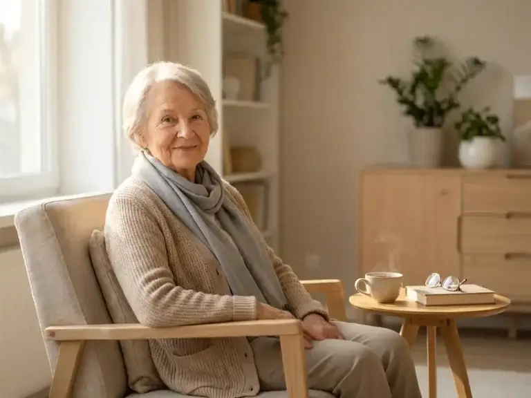 Oudere Nederlandse vrouw van in de tachtig, rustend bij een zonnig raam in een verzorgde woonkamer met een kop thee naast haar.