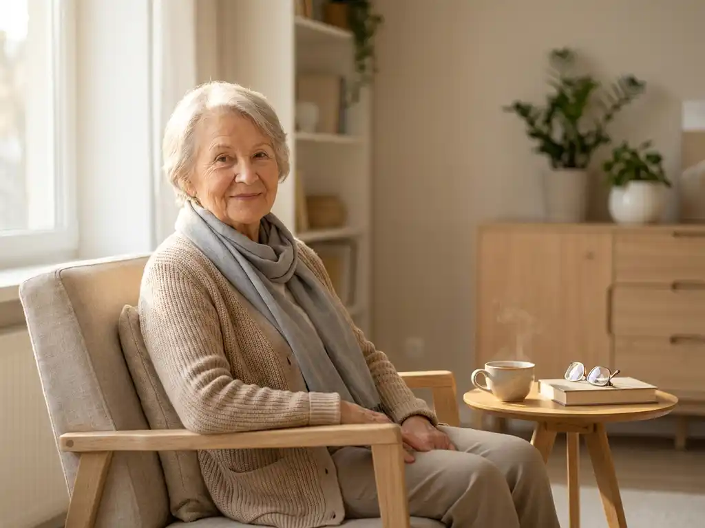 Oudere Nederlandse vrouw van in de tachtig, rustend bij een zonnig raam in een verzorgde woonkamer met een kop thee naast haar.