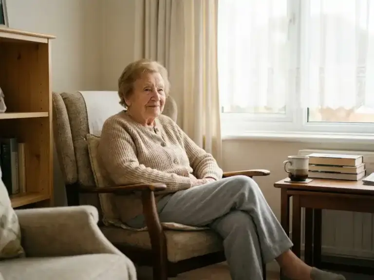Bejaarde vrouw van in de negentig in een fauteuil, rustig genietend van thee in een lichte woonkamer met warme natuurlijke belichting.