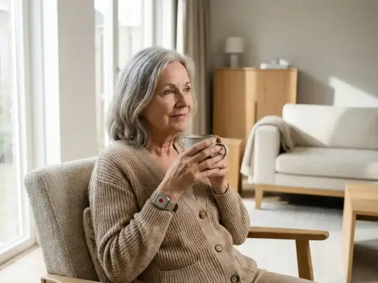 Oudere vrouw in moderne Nederlandse woonkamer met kopje thee en persoonlijk alarmsysteem om haar pols, rustige uitdrukking.