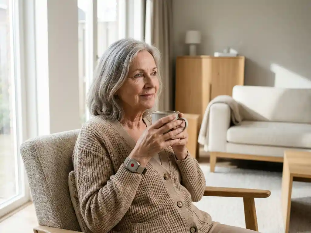 Oudere vrouw in moderne Nederlandse woonkamer met kopje thee en persoonlijk alarmsysteem om haar pols, rustige uitdrukking.