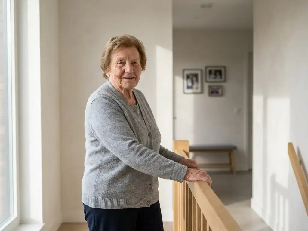 Oudere vrouw houdt stevig een houten trapleuning vast in een lichte, moderne Nederlandse woning.