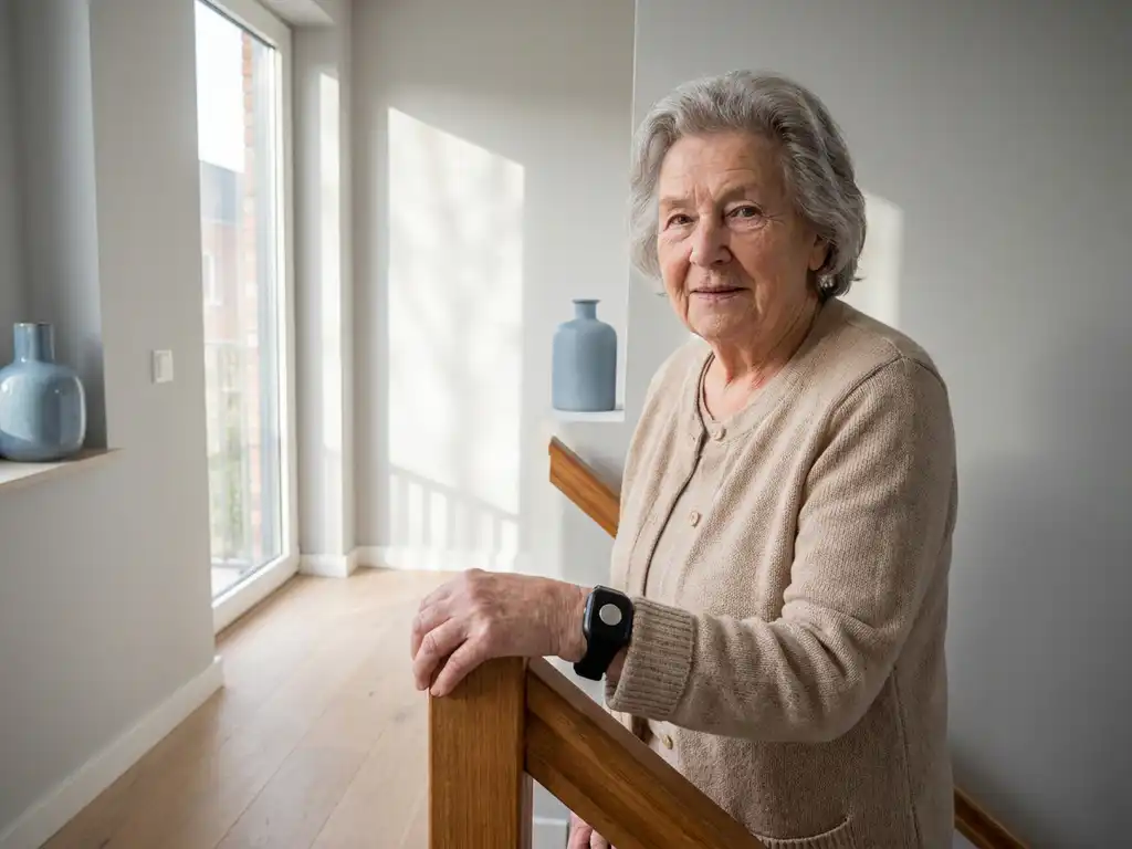 Oudere vrouw houdt houten trapleuning vast in modern Nederlands interieur, draagt persoonlijk alarm op pols.
