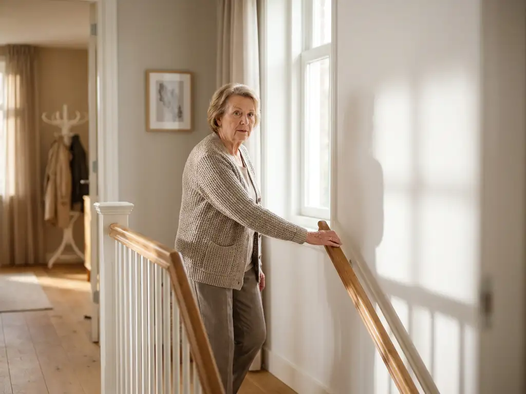 Oudere vrouw houdt zich vast aan trapleuning in lichte Nederlandse woning, kalme uitdrukking, warm natuurlijk daglicht.
