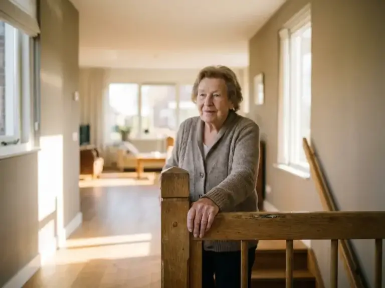 Oudere vrouw houdt zich vast aan houten trapleuning in lichte Nederlandse woning, natuurlijk raamlicht, eiken interieur.