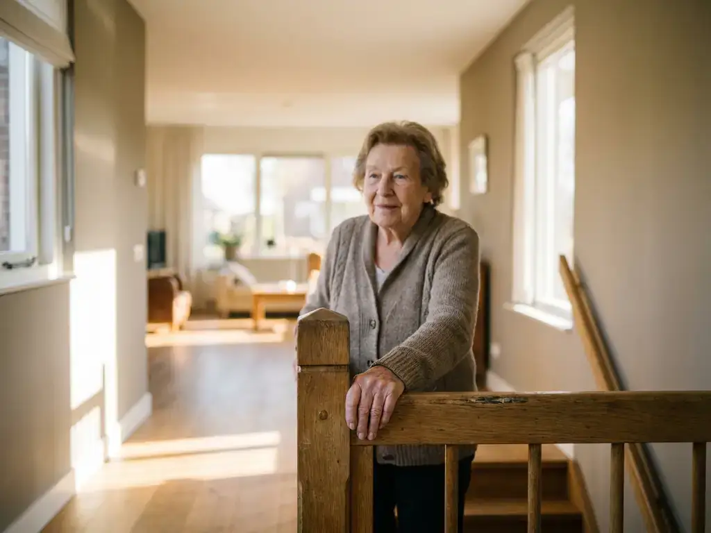 Oudere vrouw houdt zich vast aan houten trapleuning in lichte Nederlandse woning, natuurlijk raamlicht, eiken interieur.