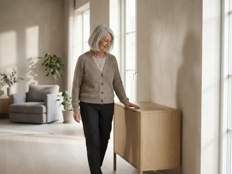 Oudere vrouw loopt zelfstandig door moderne woonkamer, hand op houten bijzettafel, draagt persoonlijk alarm hanger om nek.