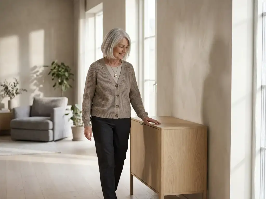 Oudere vrouw loopt zelfstandig door moderne woonkamer, hand op houten bijzettafel, draagt persoonlijk alarm hanger om nek.