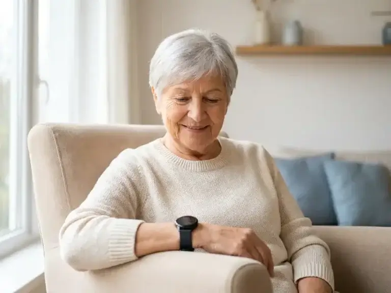 Oudere vrouw bekijkt rustig haar valdetectie-smartwatch in een lichte Nederlandse woonkamer met warm natuurlijk raamlicht.