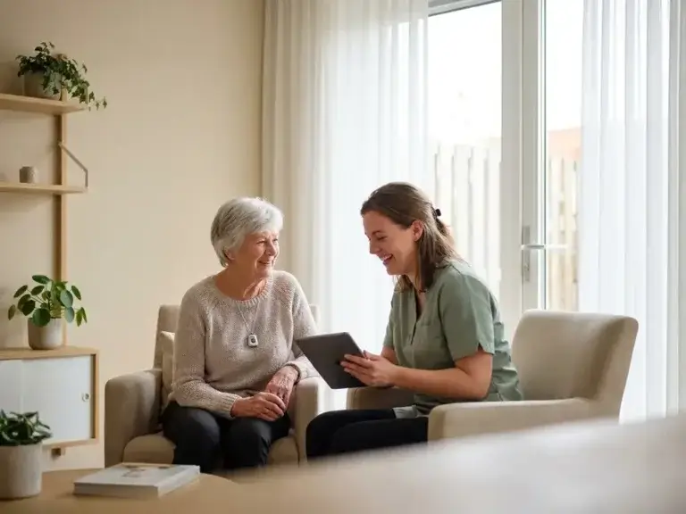Oudere vrouw met alarmpendant in gesprek met verzorger in lichte Nederlandse woonkamer met houten meubels.