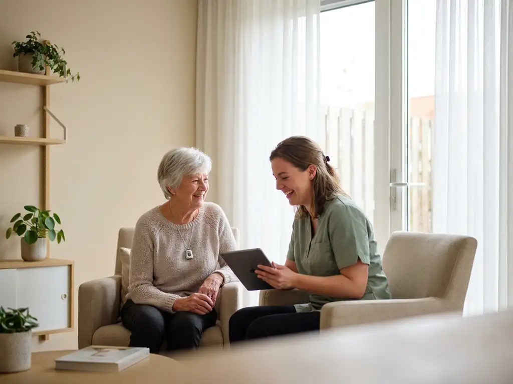Oudere vrouw met alarmpendant in gesprek met verzorger in lichte Nederlandse woonkamer met houten meubels.