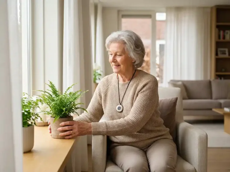 Oudere vrouw verzorgt kamerplant op zonnige vensterbank in moderne woonkamer, met alarmpendant om de hals.