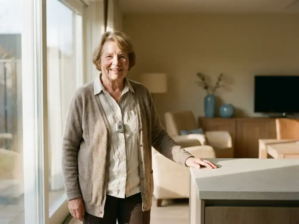 Zelfverzekerde oudere vrouw met persoonlijk alarmsysteem om haar nek in een moderne Nederlandse keuken bij een raam.