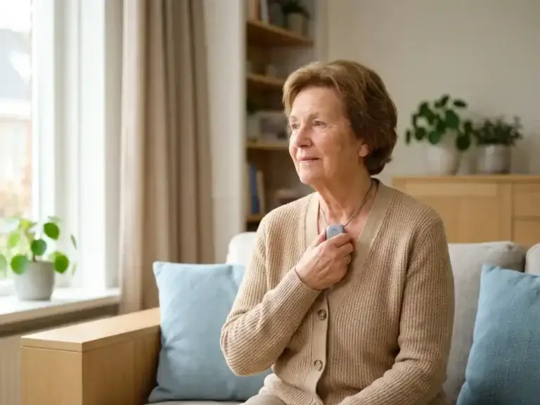 Oudere vrouw drukt rustig op een persoonlijk alarmpendant in een lichte Nederlandse woonkamer met houten meubels.