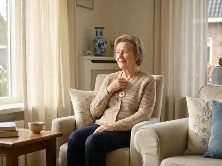 Oudere vrouw in lichte Nederlandse woonkamer die rustig op een wit alarmpendant om haar nek drukt.