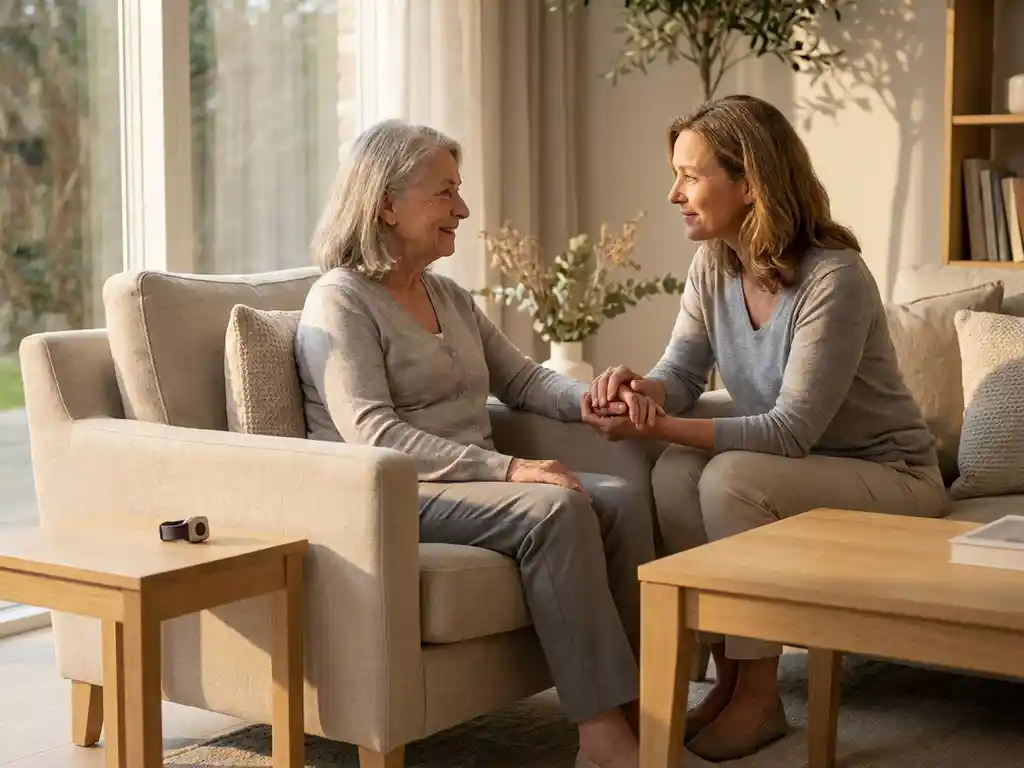 Oudere vrouw en dochter hand in hand in lichte woonkamer, persoonlijk alarm op bijzettafel, warme natuurlijke belichting.