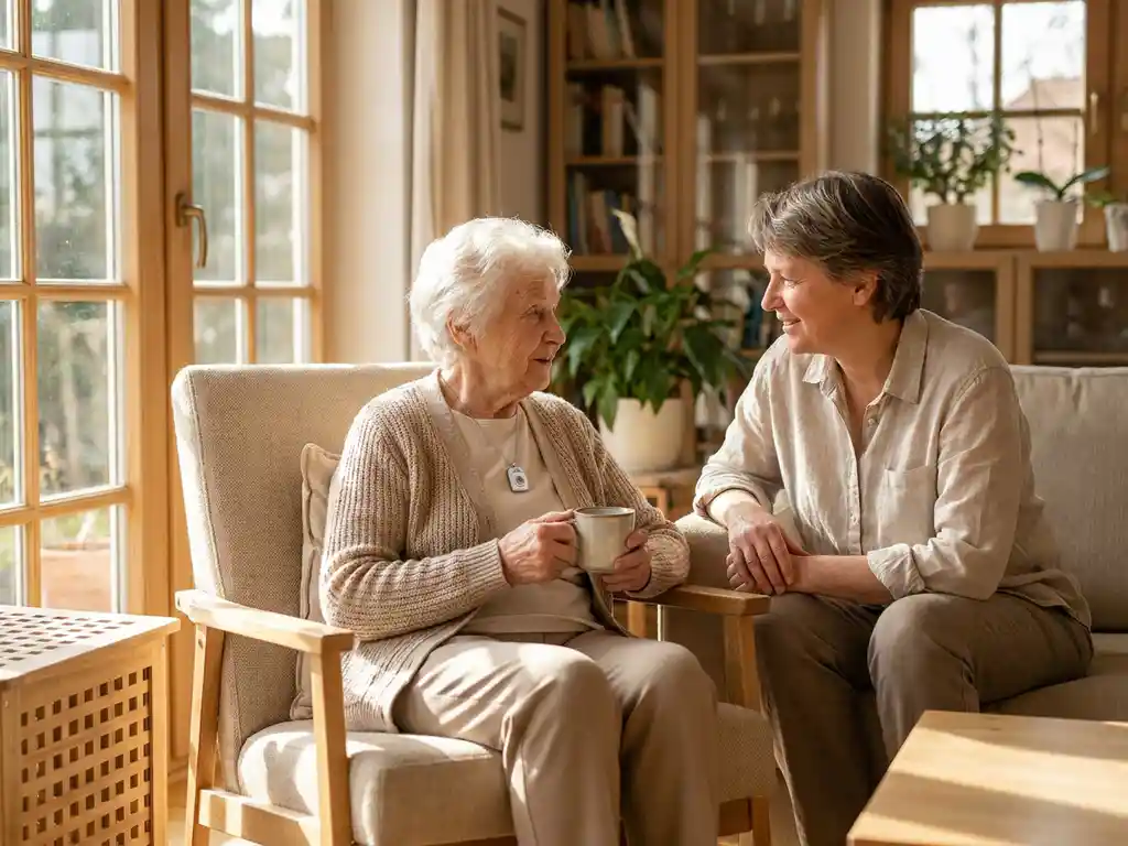 Oudere vrouw met theekopje en alarmpendant in gesprek met familielid in zonnige woonkamer.
