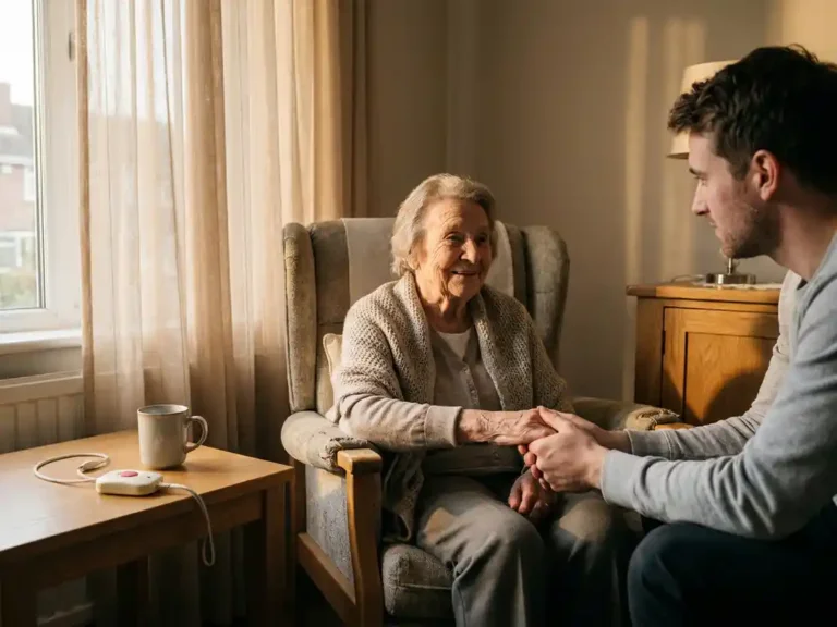 Oudere persoon en familielid houden elkaars hand vast in een warme woonkamer, met een alarmpendant op de bijzettafel.