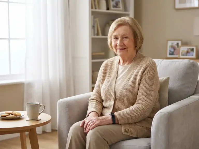 Oudere vrouw in fauteuil met persoonlijk alarm om de pols, kopje thee op bijzettafel, rustige woonkamer met natuurlijk licht.