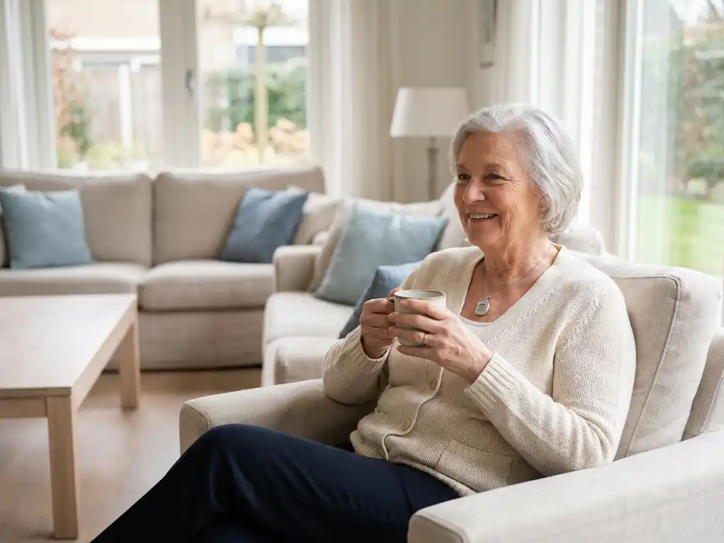 Oudere vrouw met alarmhanger drinkt thee bij zonnig raam in moderne Nederlandse woonkamer.