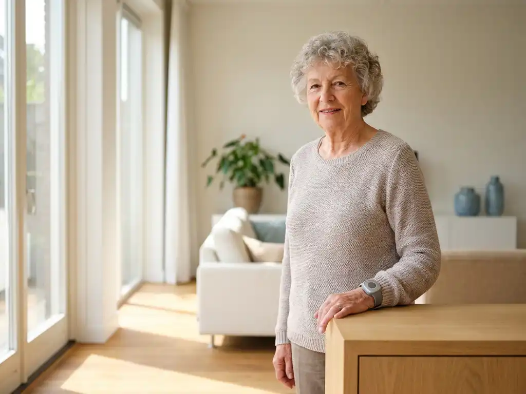 Oudere vrouw met polsalarm in lichte Nederlandse woonkamer, hand rustend op houten bijzettafel, zelfverzekerde uitdrukking.