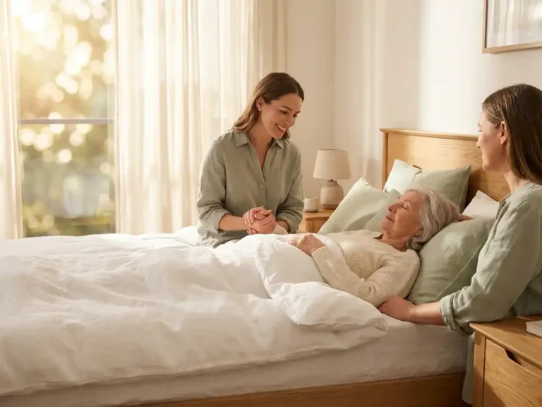 Oudere persoon rust vredig in wit bed terwijl een familielid nabij zit, warm ochtendlicht door gordijnen in serene slaapkamer.