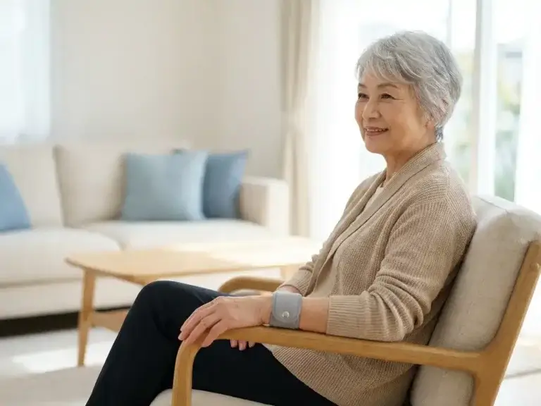 Oudere vrouw met medisch alarmpolsband zit ontspannen in lichte woonkamer, hand rustend op houten fauteuil.