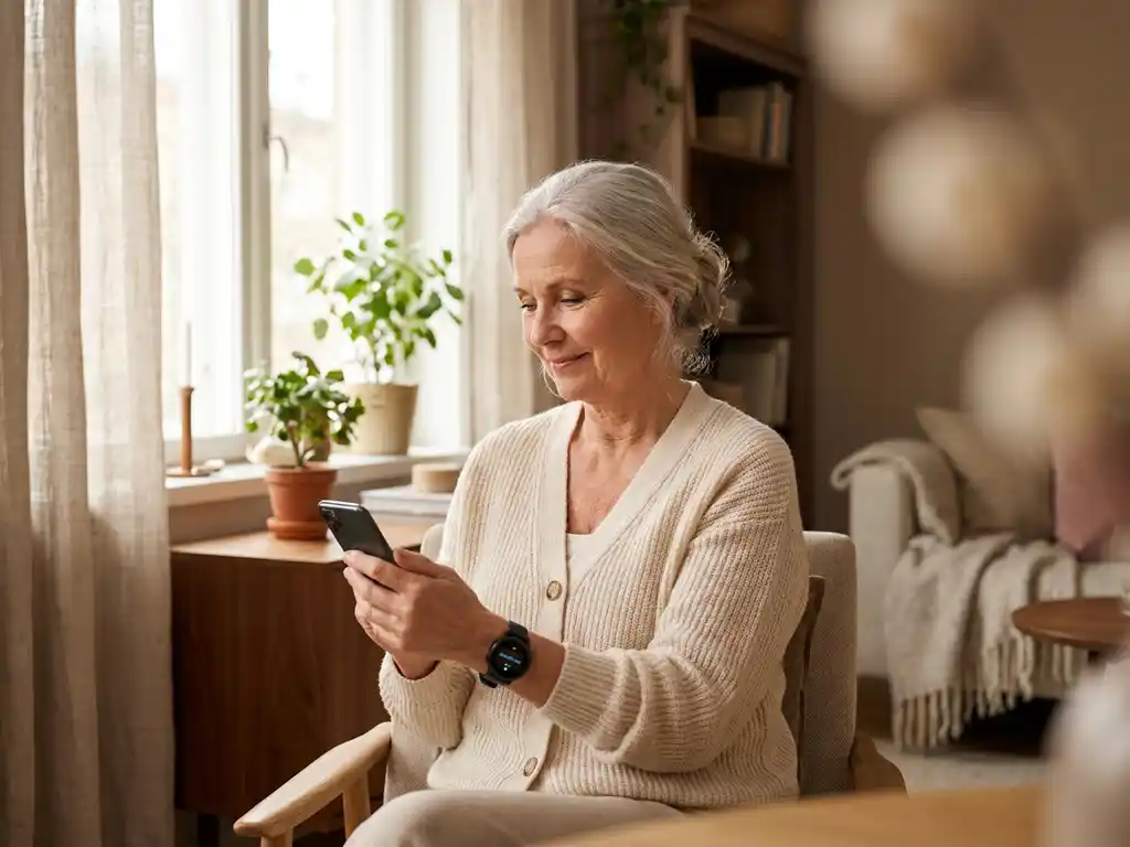Oudere vrouw bekijkt rustig haar smartphone bij een zonnig raam, met een discreet alarmhorloge om haar pols.