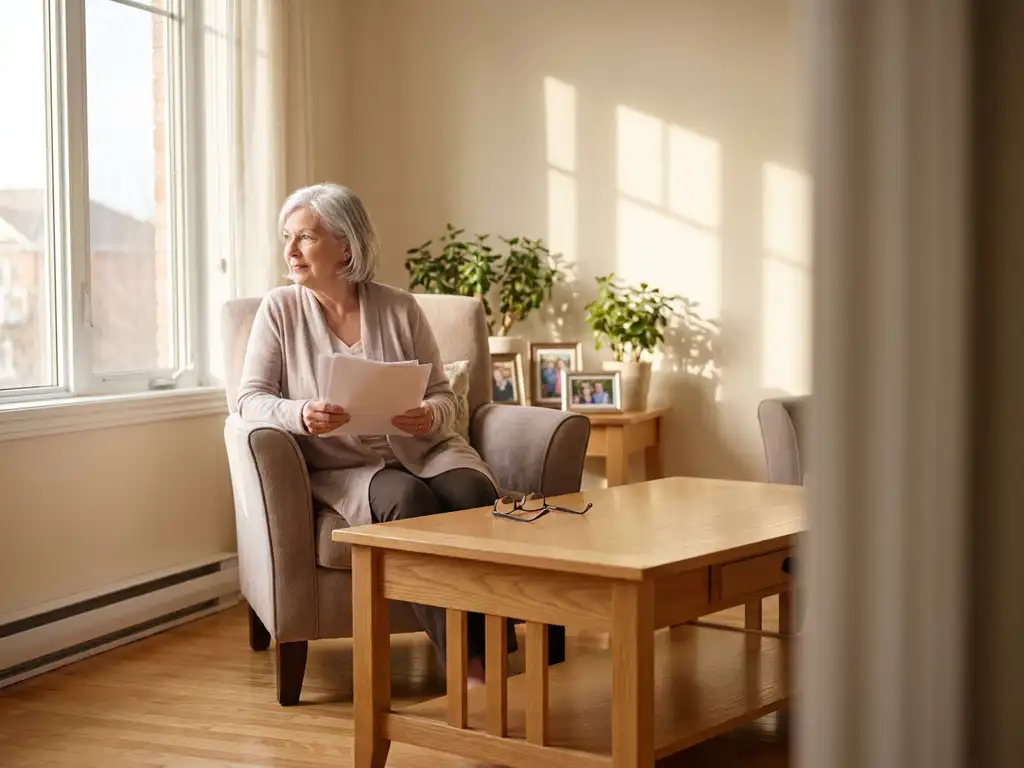 Oudere vrouw in moderne seniorenwoning bekijkt huisvestingskostendocumenten bij zonnig raam, warme tinten hout en beige.