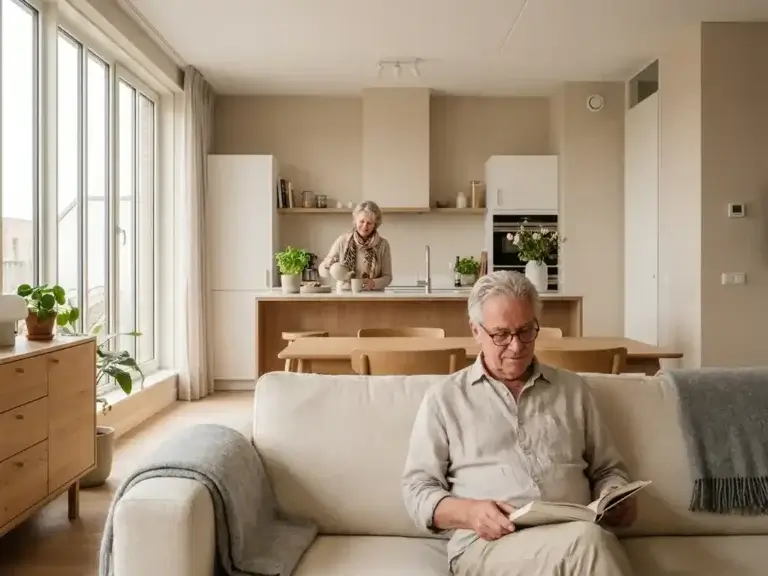 Twee oudere volwassenen in een lichte Nederlandse woning; één leest op de bank terwijl de ander thee zet in de open keuken.