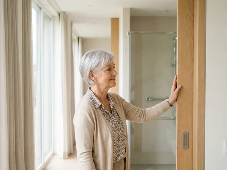 Oudere vrouw onderzoekt brede deuropening in modern aangepast Nederlands huis met loopbare douche en beugel op achtergrond.