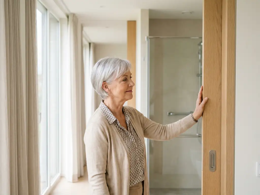 Oudere vrouw onderzoekt brede deuropening in modern aangepast Nederlands huis met loopbare douche en beugel op achtergrond.