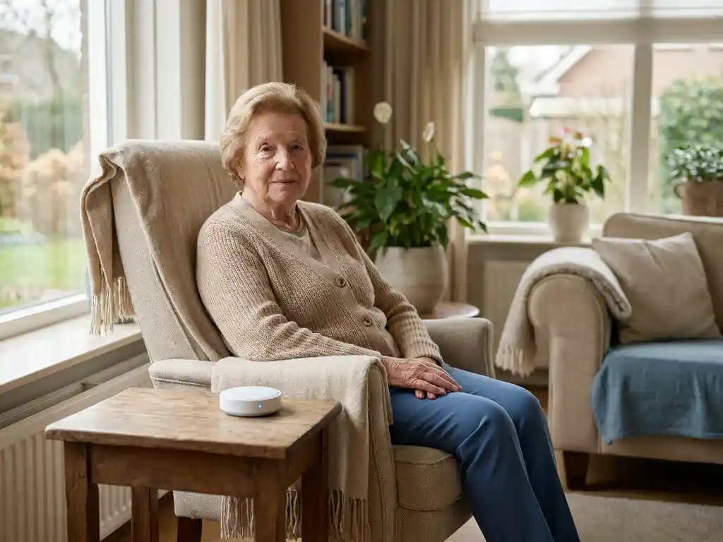 Oudere vrouw in lichte Nederlandse woonkamer naast een slimme sensor op een houten bijzettafel, rustige sfeer in natuurlijk daglicht.