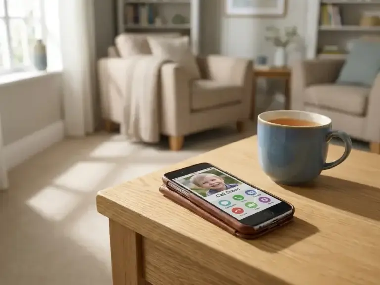 Smartphone op een lichte eiken bijzettafel naast een warme kop thee, zacht natuurlijk licht in een rustige woonkamer.