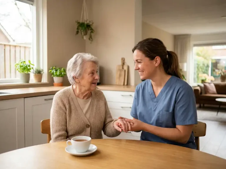Thuiszorgmedewerker in blauwe scrubs helpt oudere vrouw aan keukentafel met kopje thee in lichte Nederlandse woonkeuken.