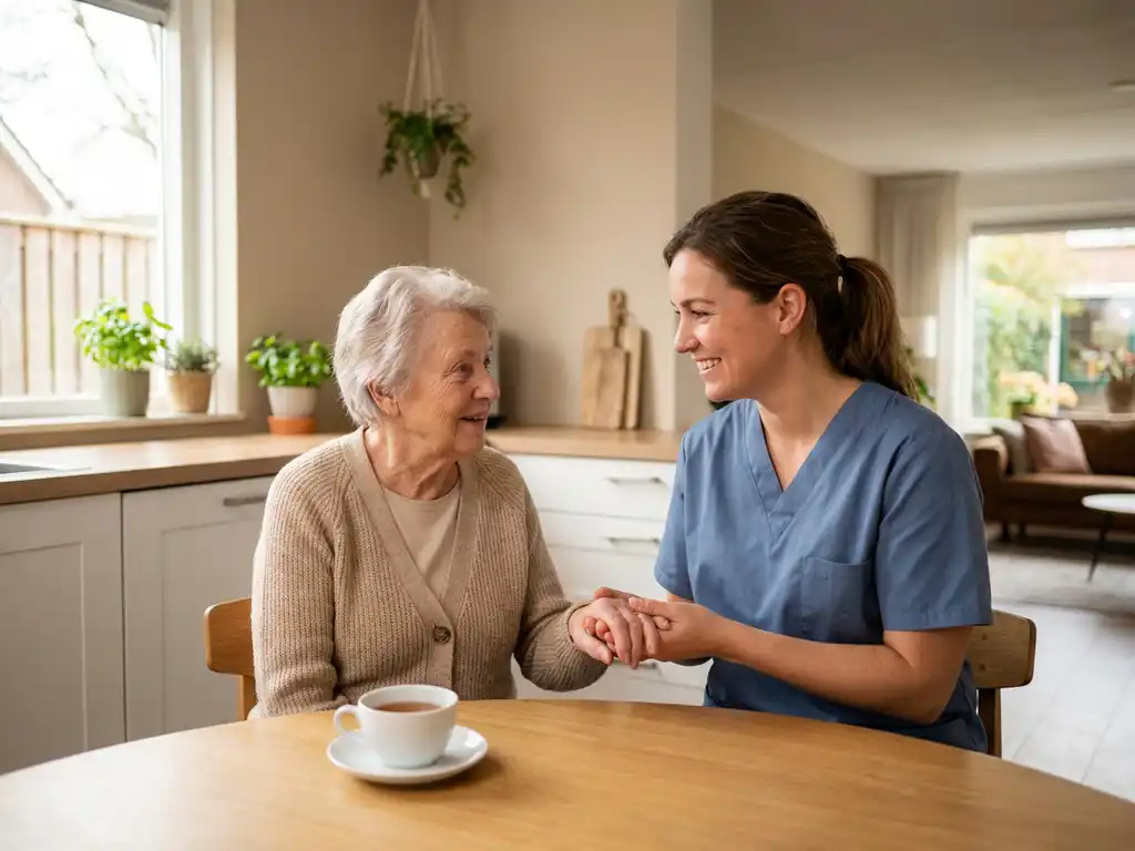 Thuiszorgmedewerker in blauwe scrubs helpt oudere vrouw aan keukentafel met kopje thee in lichte Nederlandse woonkeuken.