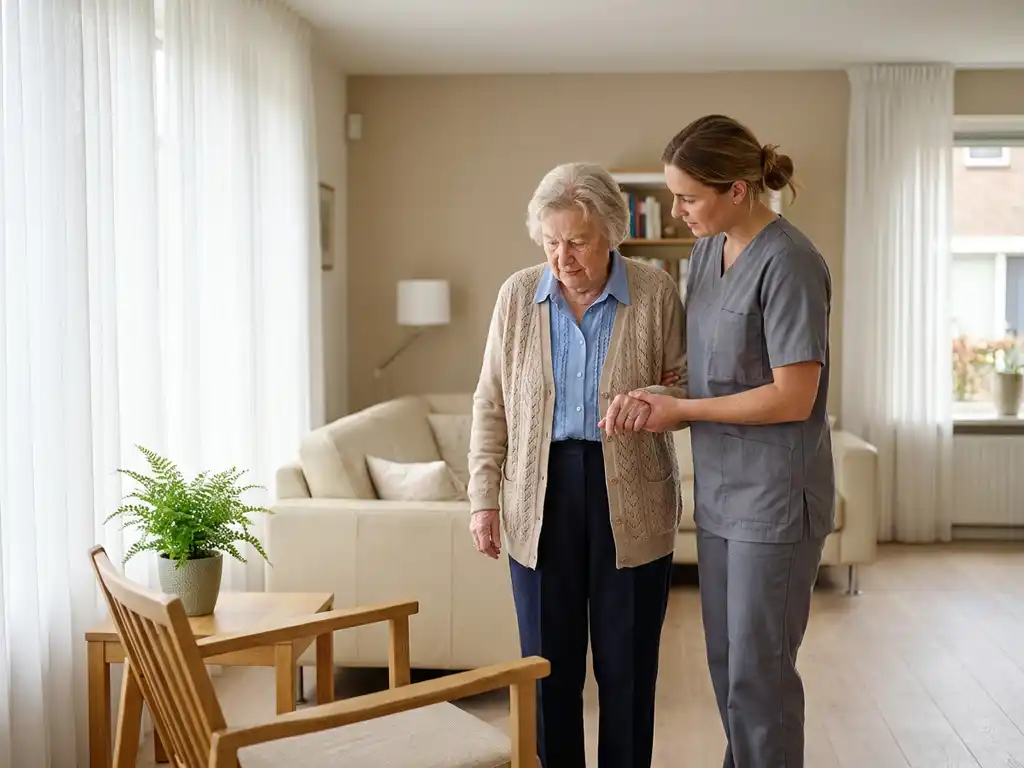 Professionele verzorger in grijze scrubs helpt een oudere vrouw in een lichte Nederlandse woonkamer met natuurlijk daglicht.