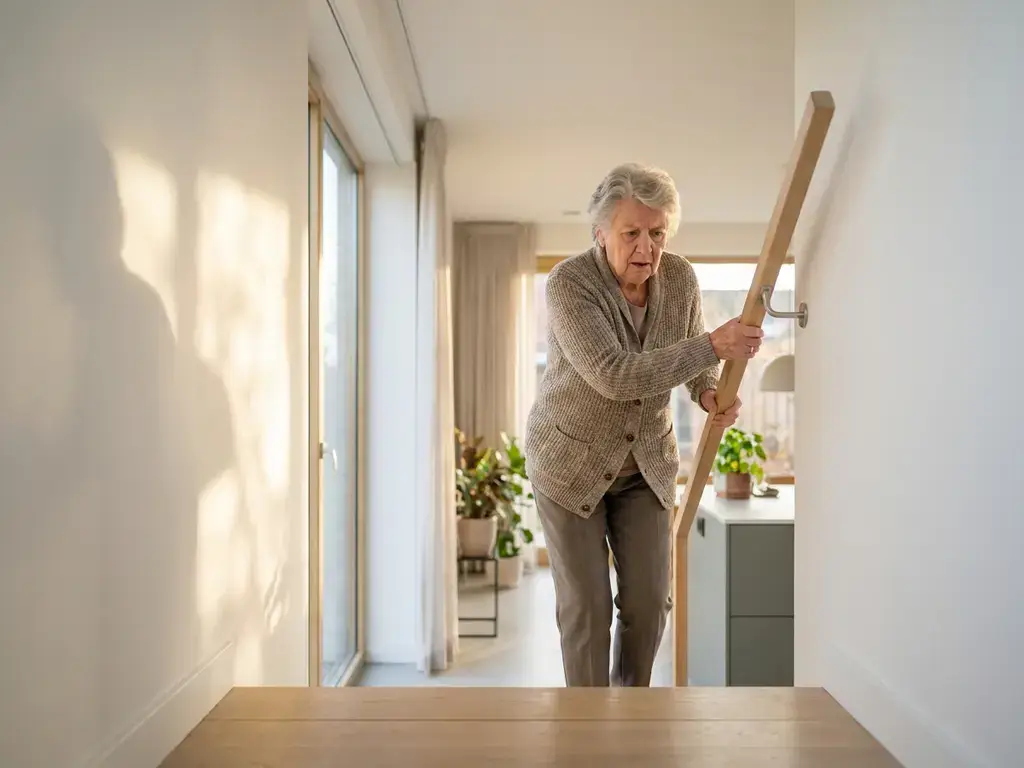 Oudere persoon die steun zoekt bij trapleuning in lichte moderne Nederlandse woning met natuurlijk daglicht.
