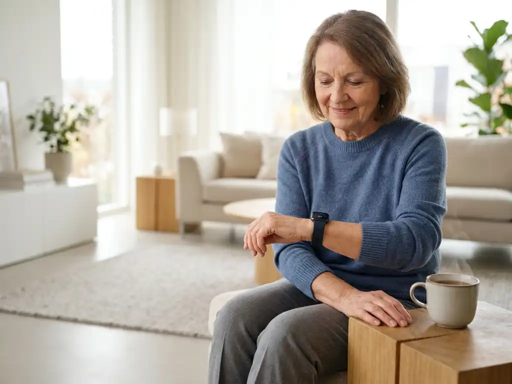 Oudere vrouw in moderne Nederlandse woonkamer met valdetectie alarmhorloge om haar pols, kopje thee op houten bijzettafel.
