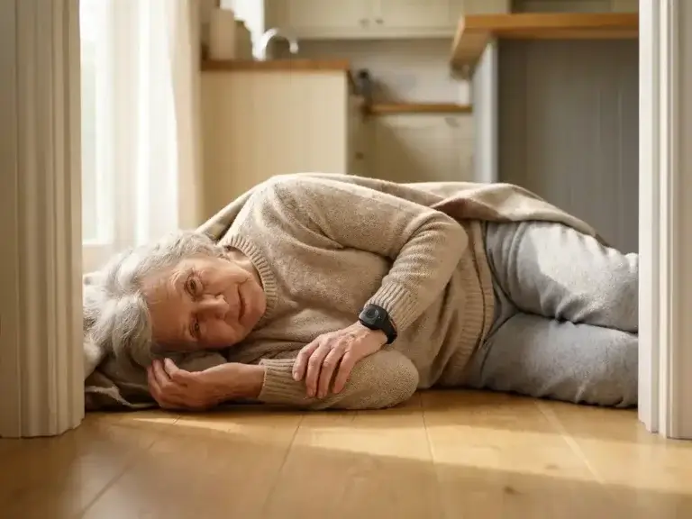 Oudere vrouw gevallen op houten vloer bij keukendeur, draagt persoonlijk alarmeringsapparaat om haar pols.