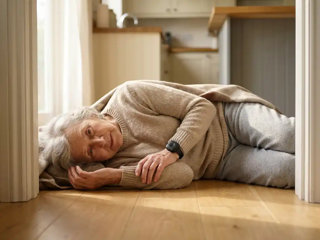 Oudere vrouw gevallen op houten vloer bij keukendeur, draagt persoonlijk alarmeringsapparaat om haar pols.