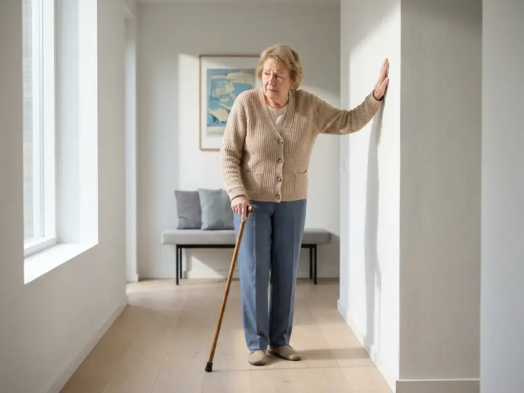 Oudere vrouw steunt tegen hallwaymuur in modern Nederlands huis, loopstok op eiken vloer, zachte daglichtinval.