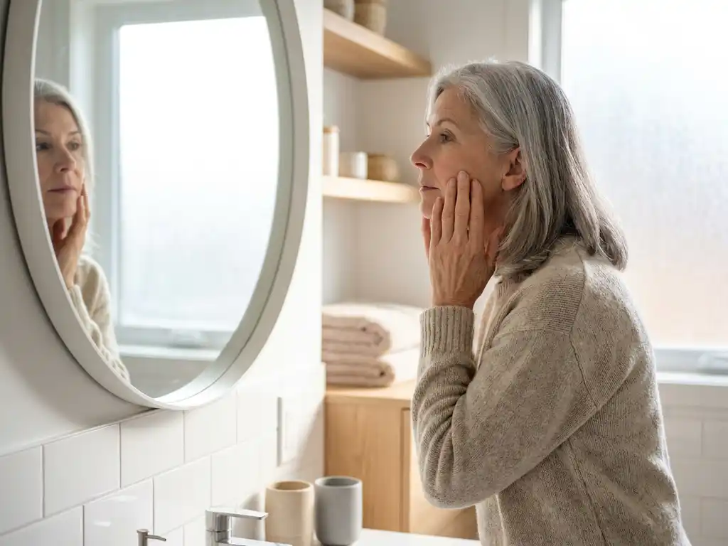 Vrouw van in de zestig bekijkt haar huid in badkamerspiegel, zacht natuurlijk daglicht, moderne witte badkamer met houten accenten.