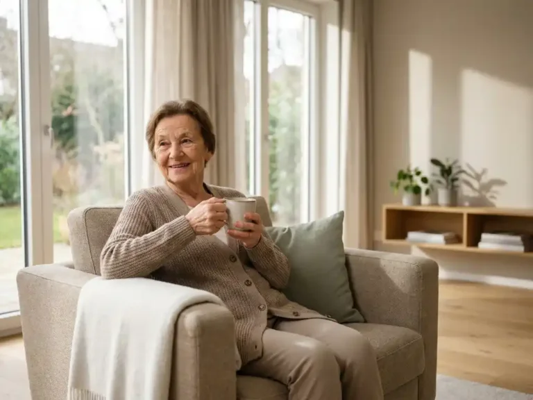 Oudere vrouw geniet van thee in moderne woonkamer fauteuil, omgeven door natuurlijk licht en zelfstandig seniorenwonen sfeer.