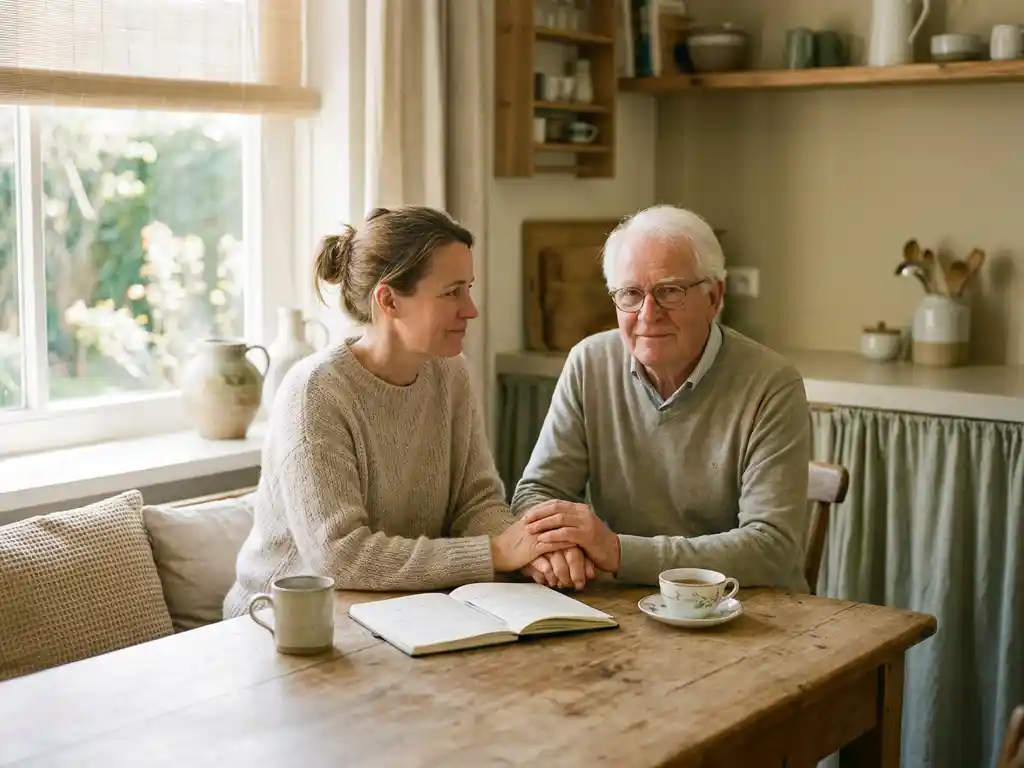 Volwassen kind en oudere ouder bekijken samen zorgopties aan keukentafel, met notitieblok en kop thee in warm natuurlijk licht.