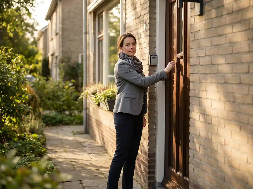 Professionele zorgverlener klopt op houten voordeur van Nederlandse woning, sleutelkluisje zichtbaar naast de deur, warm middaglicht.