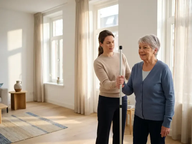 Oudere vrouw oefent balans met fysiotherapeut in lichte Nederlandse woonkamer met houten vloer en natuurlijk daglicht.