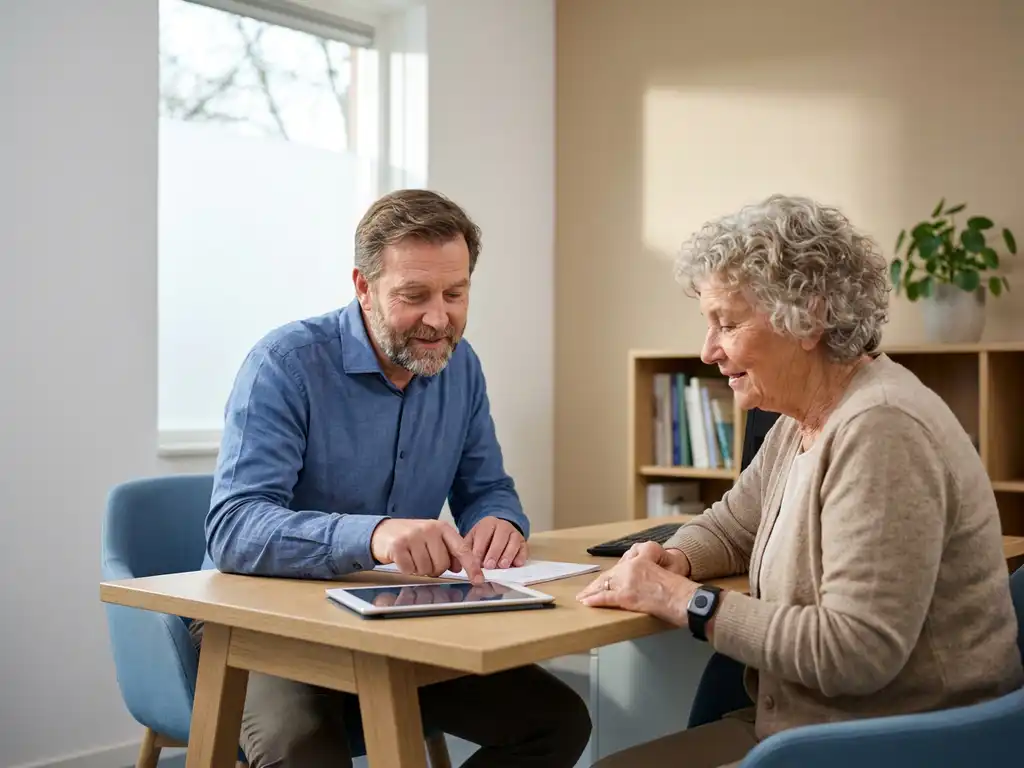 Huisarts bespreekt aantekeningen met oudere vrouw aan bureau; zij draagt een persoonlijk alarmeringshorloge, moderne Nederlandse zorgpraktijk.