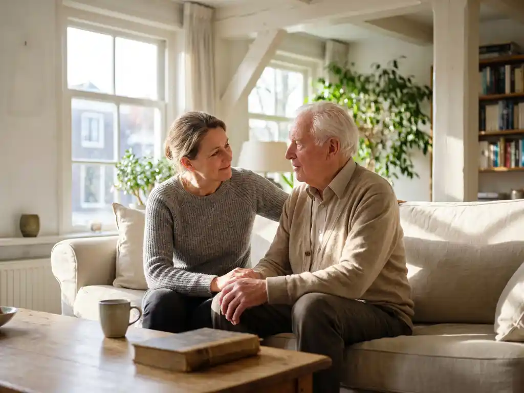 Volwassen kind in gesprek met oudere ouder op linnen bank in lichte Nederlandse woonkamer, warm en aandachtig.