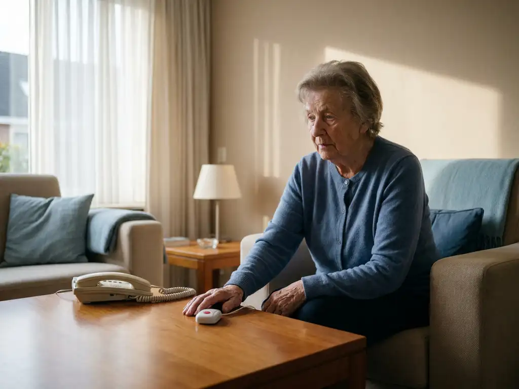 Oudere vrouw alleen in woonkamer met alarmpendant op salontafel en onbeantwoorde telefoon, zachte natuurlijke belichting.